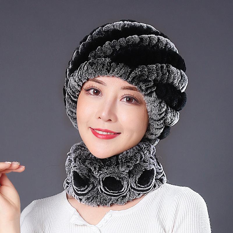 Hat Female Autumn Winter Trendy Versatile Rex Rabbit Hair Cycling Warm Ear Protection Fur Hat Scarf Set