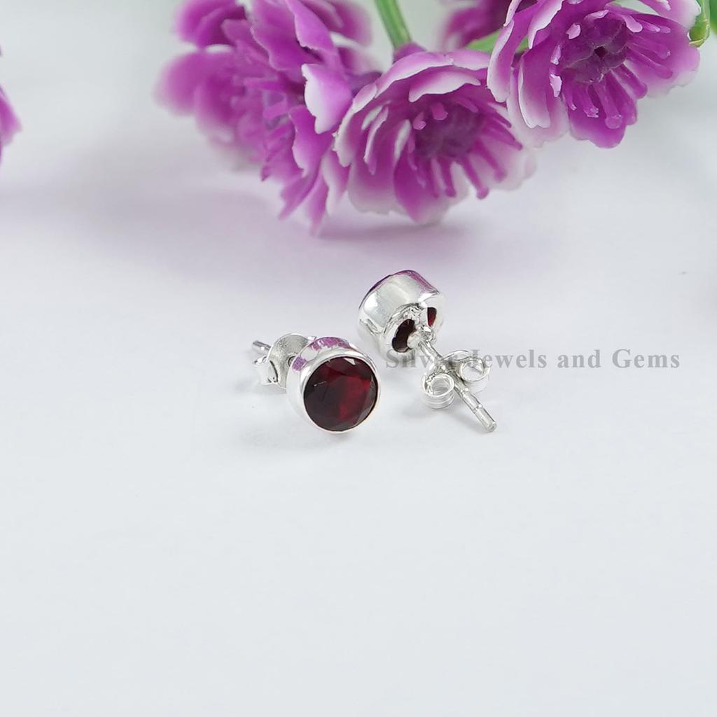 Natural Garnet Stud Earrings, 925 Sterling Silver, Dainty Gemstone Earring