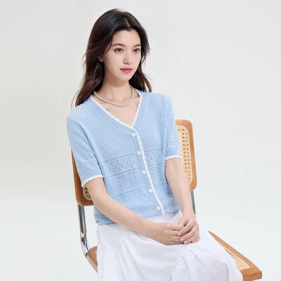 Pull Tricot Manches Courtes Col V Dentelle Grande Taille Automne 2025 pour Femme Sancai