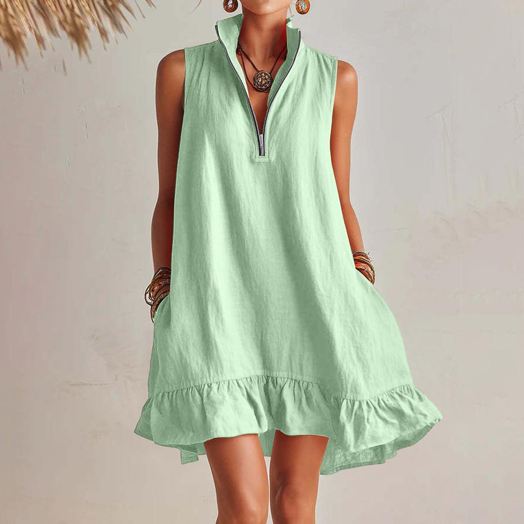 Women's Sleeveless V Neck Zip Front Summer Dress Loose Fit Ruffle Hem Casual Lightweight Linen Mini Dress