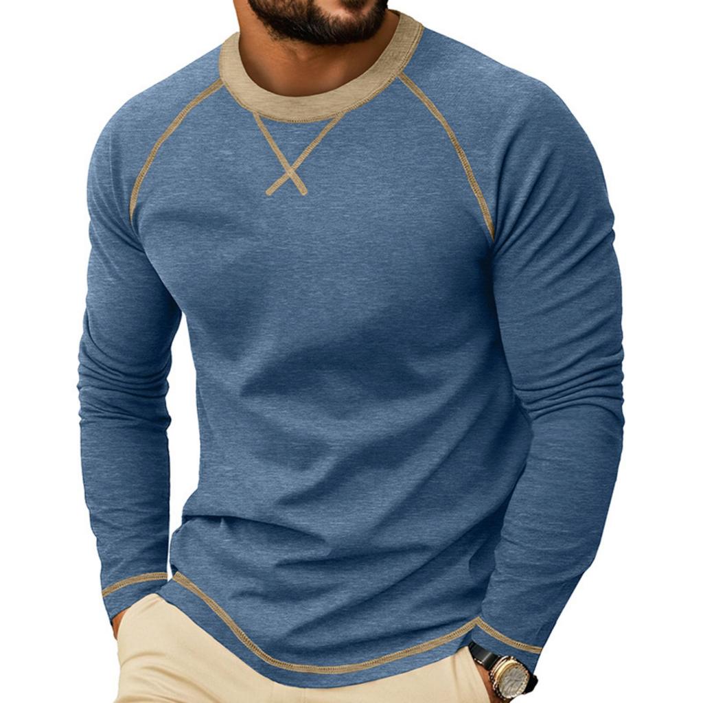 Men's Long Sleeve Crew Neck Casual T Shirt Color Block Stitching Detail Pullover Top Lightweight Comfortable Fit