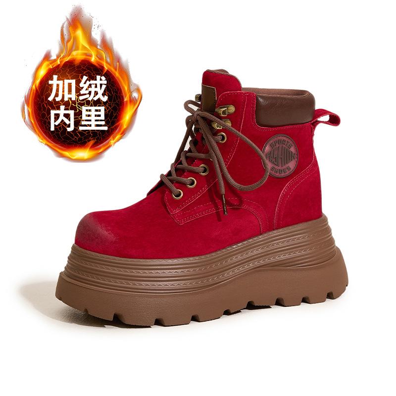 Thick-soled Inner Height-increasing Martin Boots Women's 2025 Autumn and Winter New Rhubarb Boots Medium Tube Velvet Warm Versatile Western Short Boot
