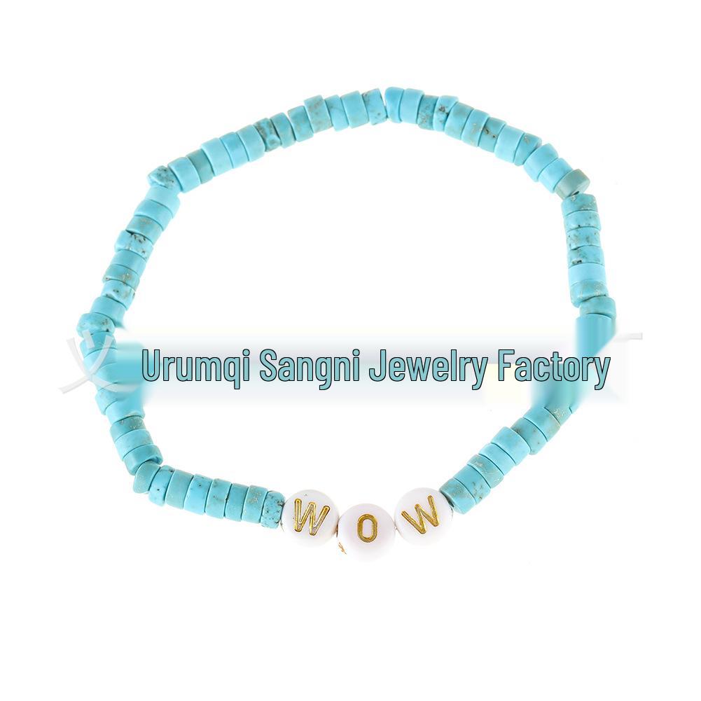 Unisex European & American Natural Stone Beaded Elastic Bracelet with English Letter