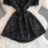Summer Women Sweet Peter Pan Collar Black Sequined Diamonds Button Mini Short Fairy Princess Party Dresses