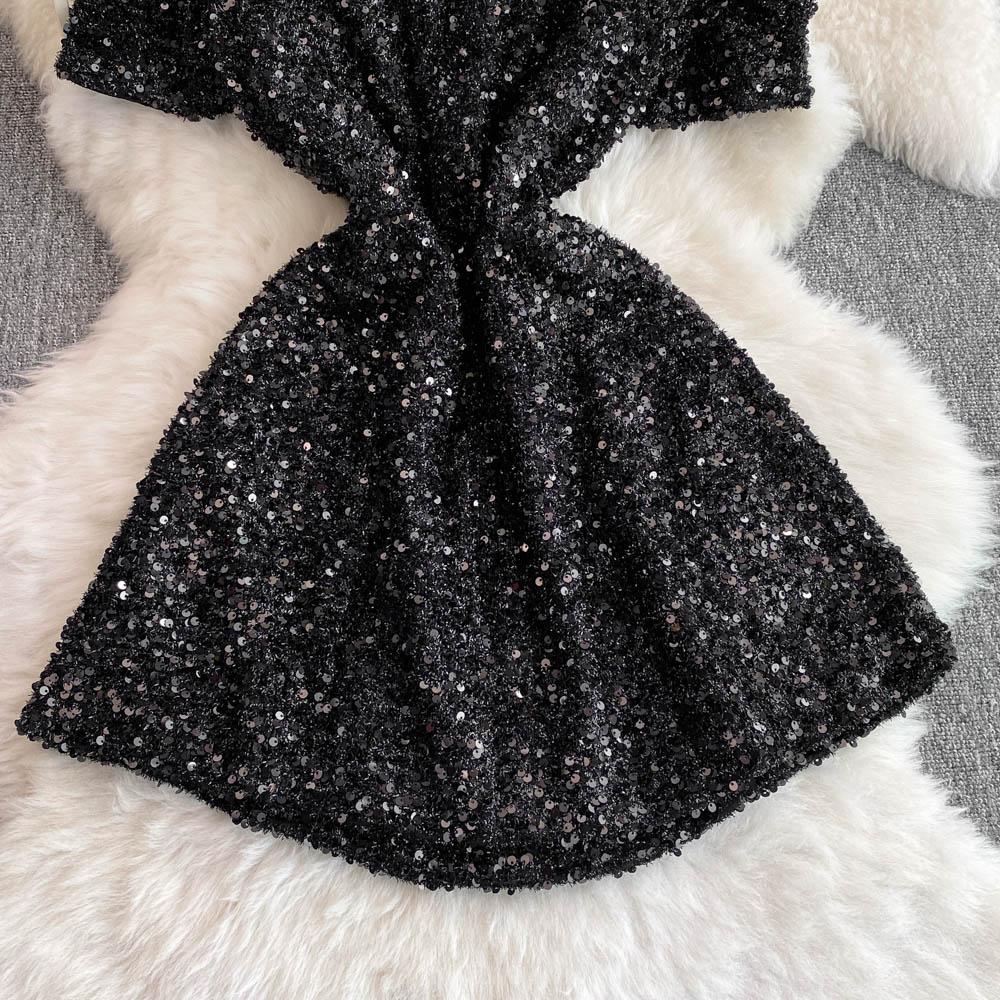 Summer Women Sweet Peter Pan Collar Black Sequined Diamonds Button Mini Short Fairy Princess Party Dresses