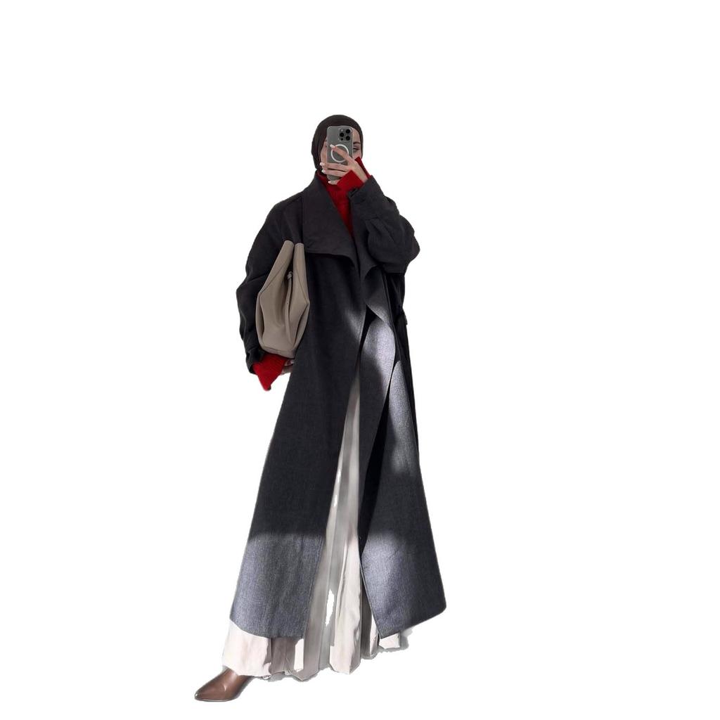 2025 Cross-border European & American Autumn New Cardigan Elegant A-Line Long Skirt Waist-Cinching Large Lapel Lazy Long Trench Coat