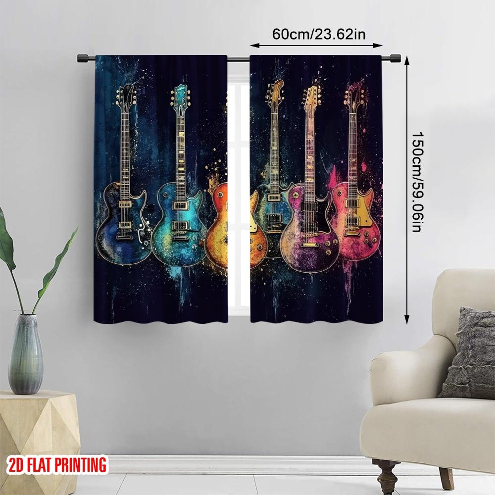 2D Flat Printing 2pcs Spring Summer Curtains Guitar Sheer Curtains Polyester Woven All Seasons Ldeal for Bedroom, Office,
