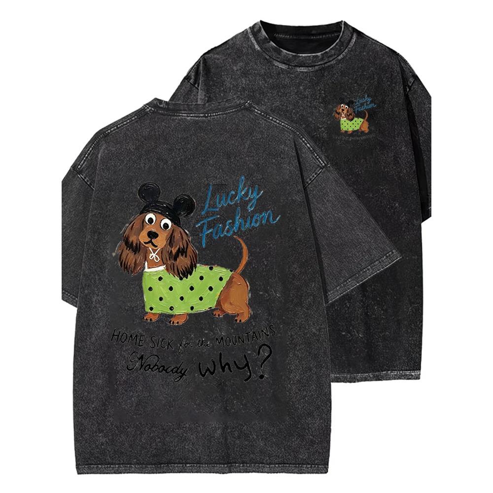 Cute Dachshund Cartoon Graphic Washed T Shirt Women Funny Puppy Print Tee Vintage Harajuku Streetwear Casual Short Sleeve Daily Wear Cool Top