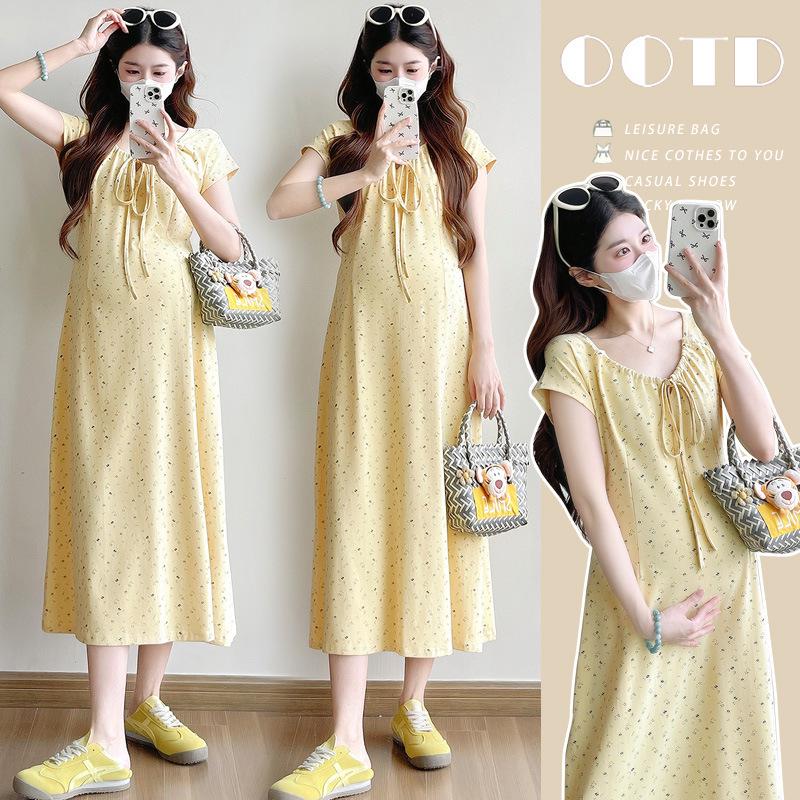 2026 Trendy Maternity Floral Print Short Sleeve Summer Dress M
