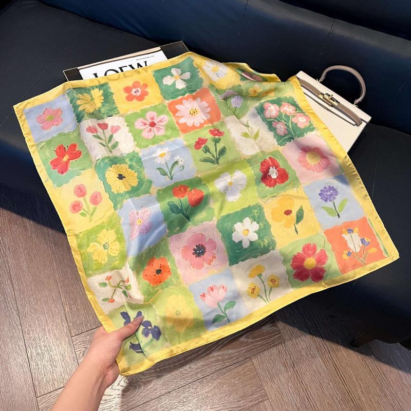 Fashion Black and White Printing Temperament Square Scarf Imitation Silk Korean Version Decorative Scarf Scarf Professional Decorative Shawl Silk Scar