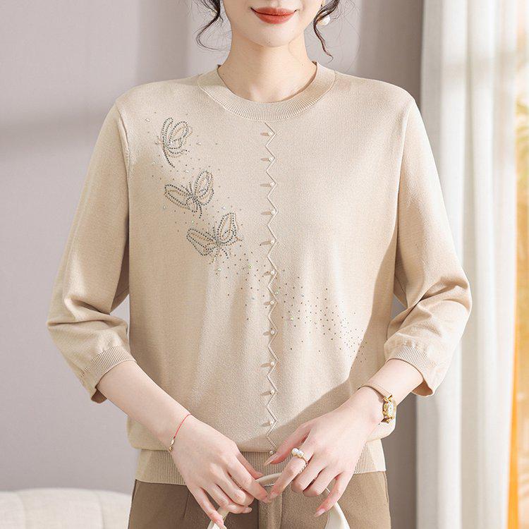 Women s Plus Size Embroidered Butterfly Knit Top - Seven-Sleeve Round Neck Pullover XL