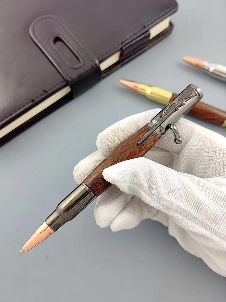 Brass Sandalwood Gun Handle Ballpoint Pen, Engravable Submachine Gun Design