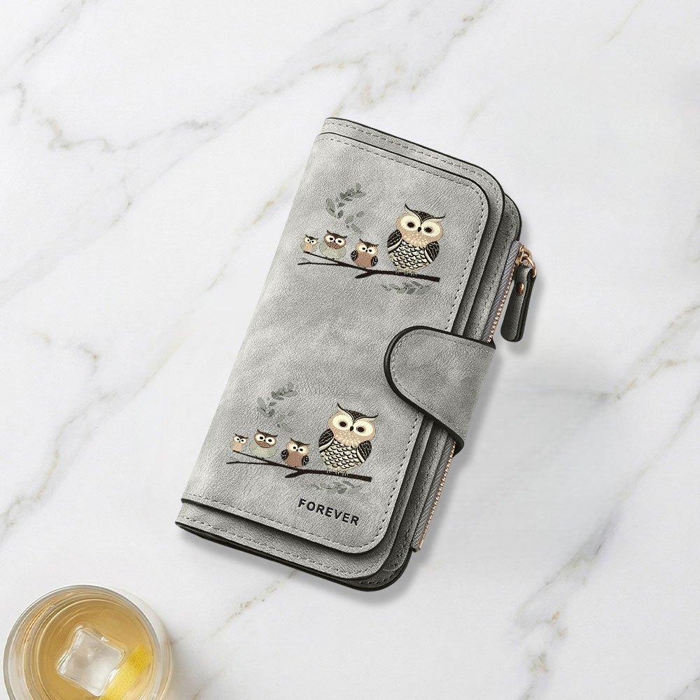 Fashionable Long Wallet with Cartoon Owl Family Illustration Print Design, Eye-catching Multifunctional Portable Coin Purse with Clasp, Large