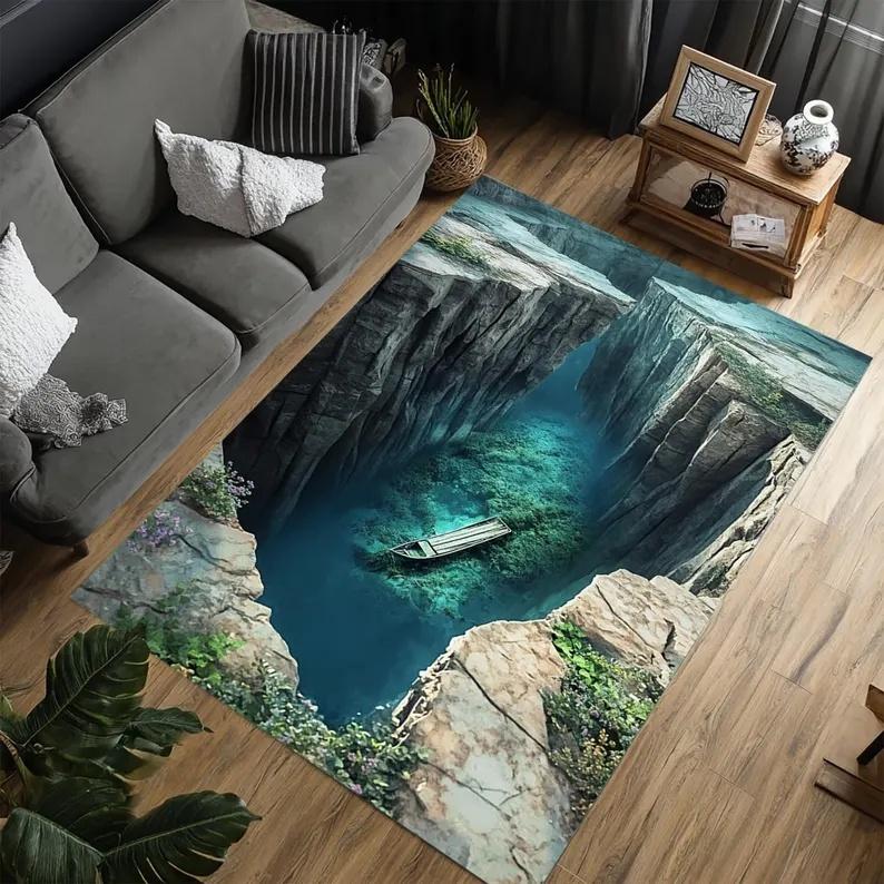 Forgotten Ship Carpet Under 3D Earth Cracks Ancient and Broken Ship Carpet Anti Slip Floor Mat Home Decoration