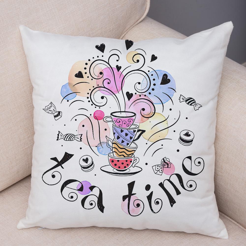 Coffee Time Cushion Cover Colorful Stacked Cup Design Polyester Bedroom Decor Throw Pillow Case