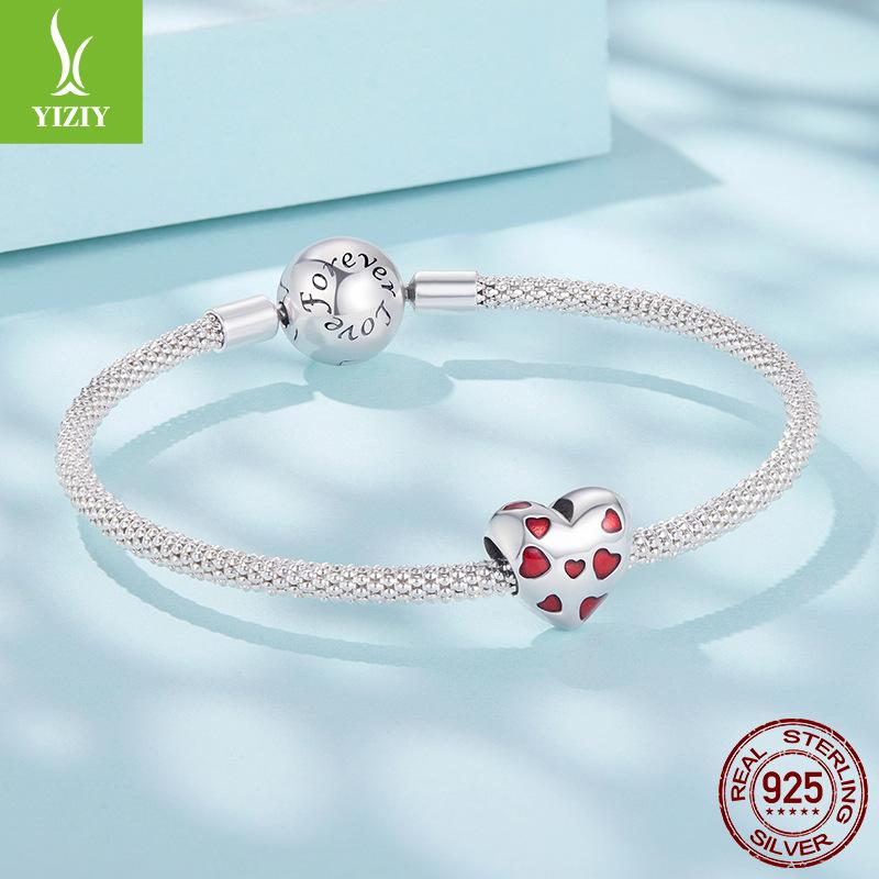 S925 Sterling Silver Red Love Beads Sweet Romantic Heart-Shaped Charm Diy Beads Loose Beads