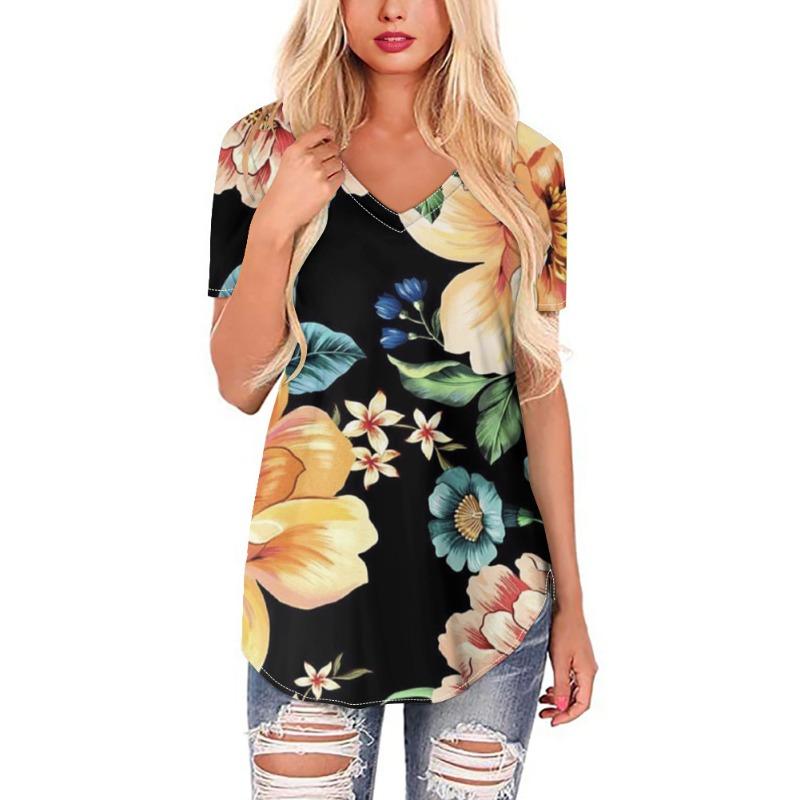 

Женская футболка с V-образным вырезом и короткими рукавами, с принтом розы 3D, удлиненный топ-свитер XXXXL