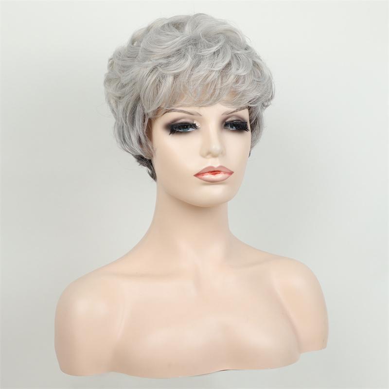 Women's Grey Wig Synthetic Natural Layered Haircut Short Curly Wig with Bangs Elderly Ladies Grandmother Wig Cosplay