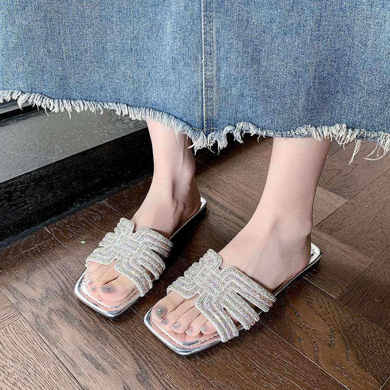 Damen Strass-Slipper Modische Rutschfeste Strandschuhe Sommer Outdoor Hausschuhe Bequeme Flache Sandalen mit Quadratischem Absatz Slides Damen