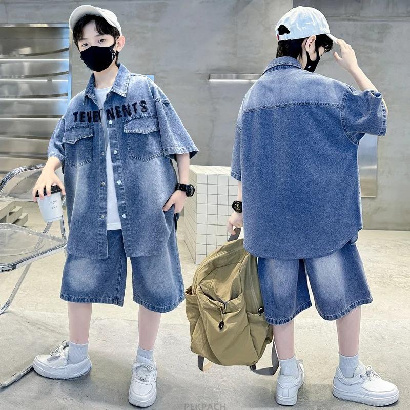 Jungen Denim Anzug Sommerkleidung Neues Kinder Kurzarmhemd + Shorts Sport Koreanische Trainingsanzüge Sets Kinder Luxus Kleidung Anzug