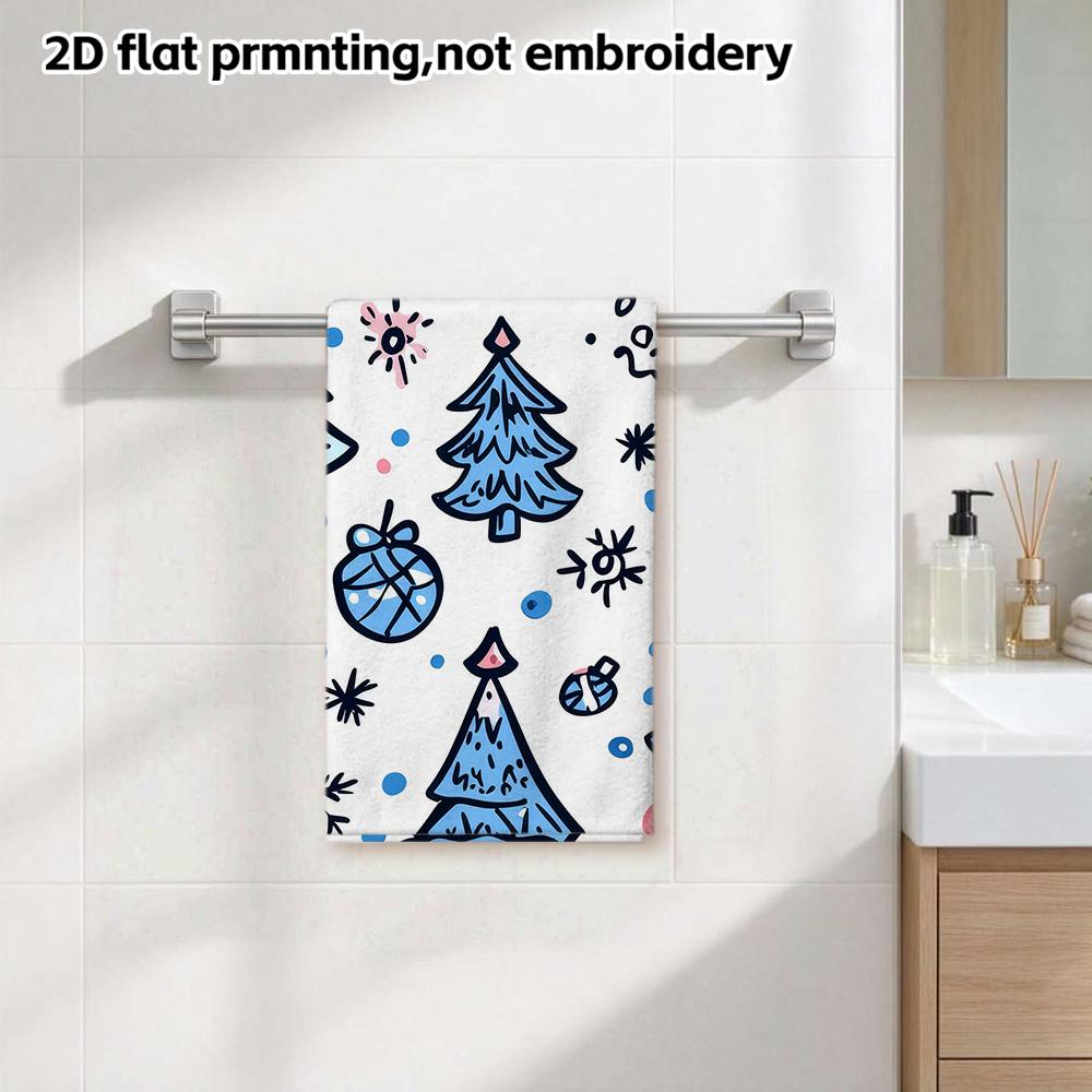 Cute Blue Doodle Christmas Tree Towel, Soft Absorbent Quick Dry Festive Bathroom Towel