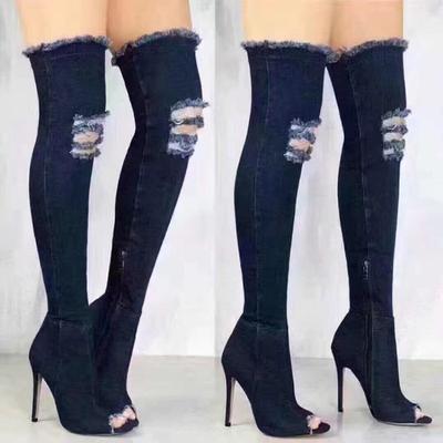 Herbst und Winter neue lange Damen coole Stiefel superhoher Absatz elastischer Denim Laufsteg Fischmaul dünner Absatz Stiefel