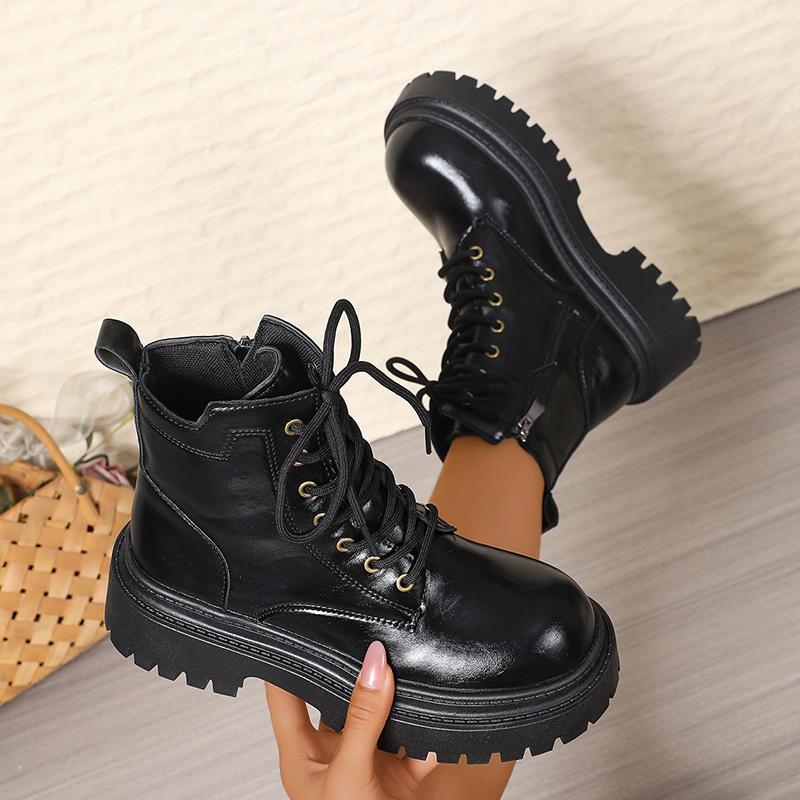 Fashion Women's Black Platform Combat Boots Fashion Lace Up Zipper Pu Leather Short Boots Woman Thick Sole Non Slip Autumn Winter Shoes
