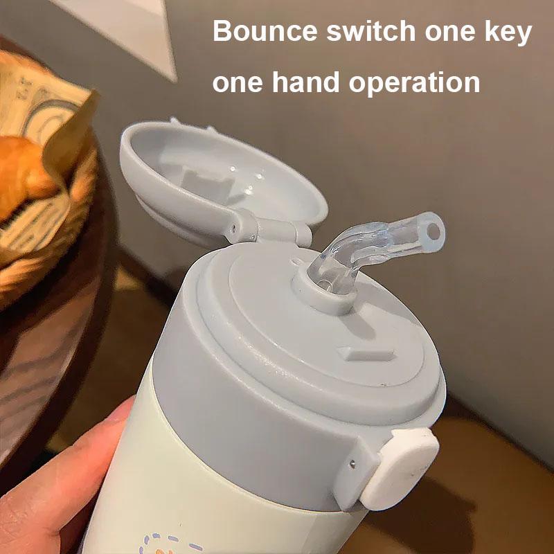 380ml Cute Cartoon Thermos Cup Stainless Steel Bouncing Cover Straw Mini Vacuum Flask Outdoor Water Bottle