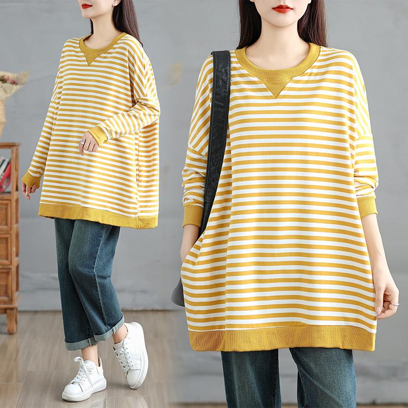 

DIMANAF 2025 Осень Футболка больших размеров Женская Длинный рукав Круглый вырез Толстовки Свободные Полосатые Топы Футболки Хлопок L жёлтый
