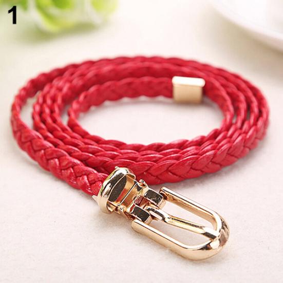 Women Braided PU Leather Narrow Thin Buckle Strap Waist Belt All-Match Waistband