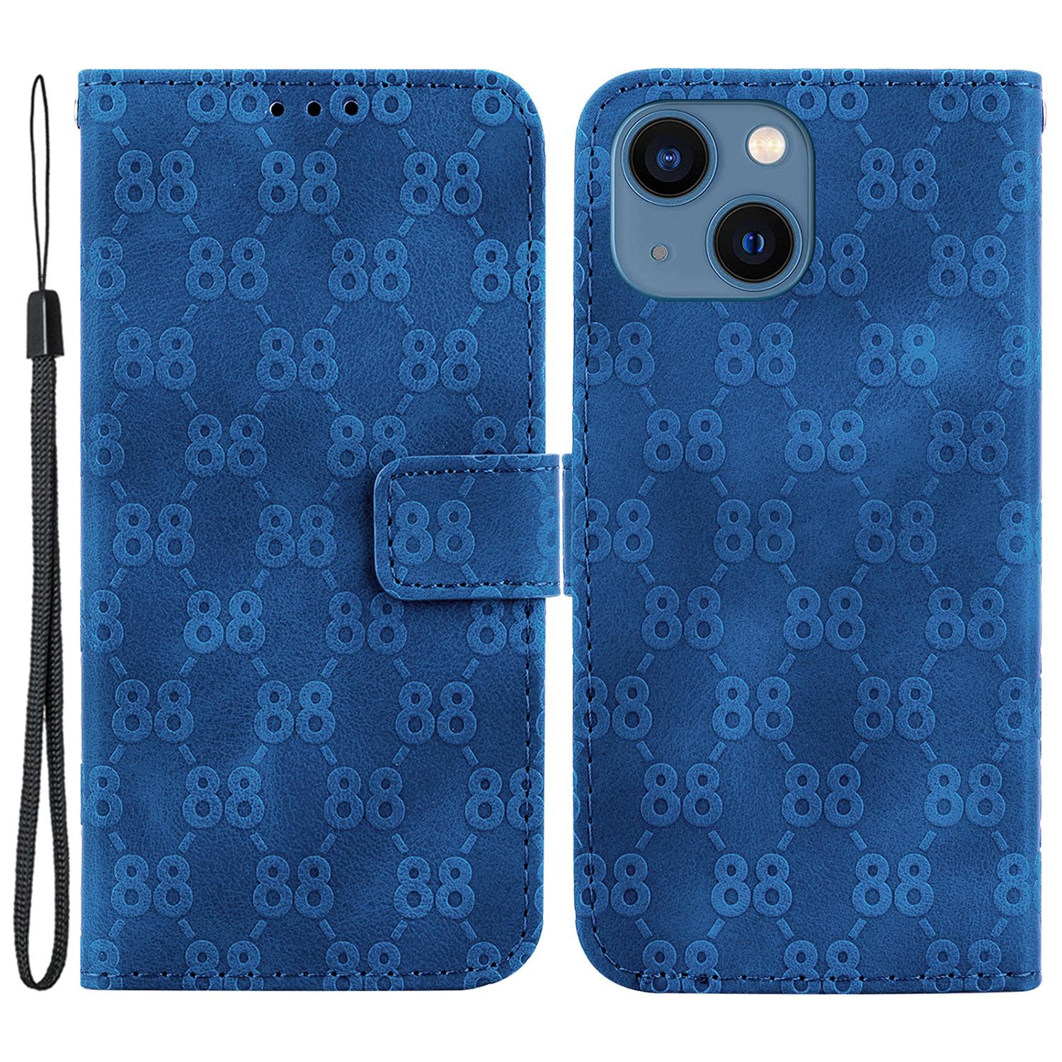 

For iPhone 14 Plus Double 8-Shape Imprint Cover Anti-drop Leather Stand Wallet Phone Case Dark Blue