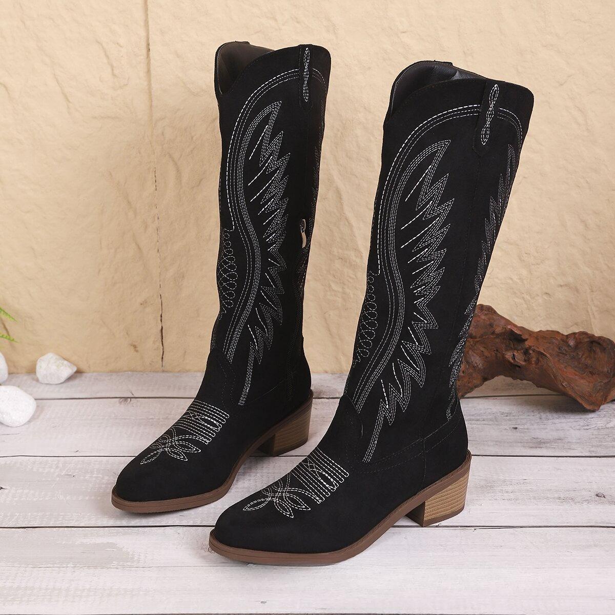 

Fashion Women Boots 2025 Autumn New Embroidered Western Cowboy Boots Round Toe Thick Heel High Knee Boots Woman Long Botas Para Mujer 43 чорний