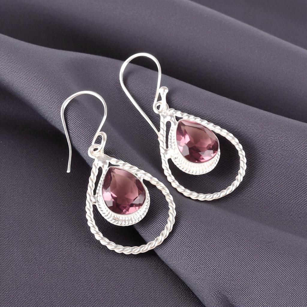 For Women Rhodolite Gemstone 925 Sterling Silver Jewelry Handmade Earrings 1.70" EE-96-12