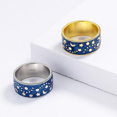 Sterlingsilber Kreatives Design Nachtstern Mond Ring Handgefertigt Emaille Tropföl Farbe Damen Schmuck Partnerring Party Geburtstag
