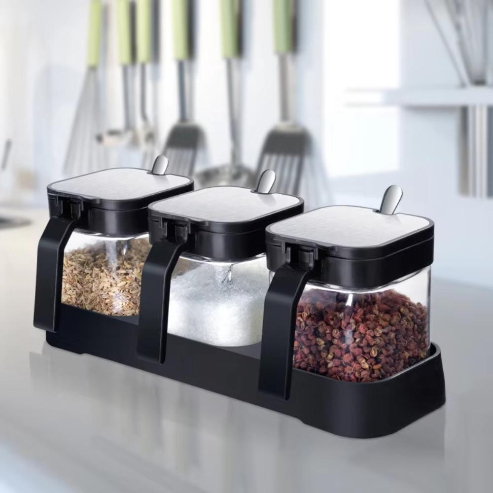4Pcs with Spoon Seasoning Jars Glass Spice Containers Combination Seasoning Box Set  Kitchen Gadgets
