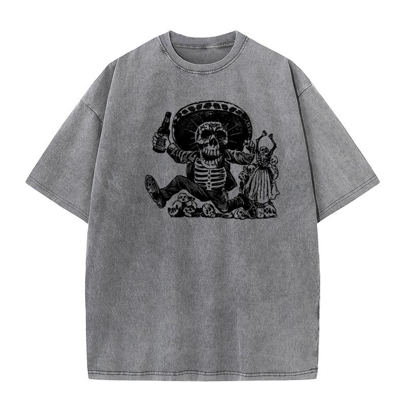 Family Youth Washed T Shirt Funny Skeleton Outdoor Tees Pure Cotton Short Sleeve Printed Washed Tee Shirt O Neck