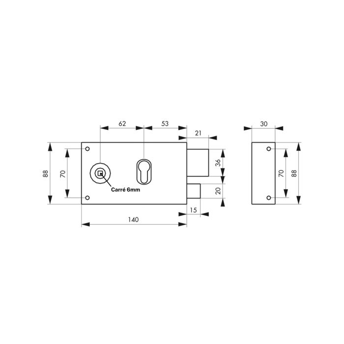 Thirard - boitier de serrure horizontale en applique double entrée à fouillot pour entrée, droite, axe 53mm, 140x88mm, noir