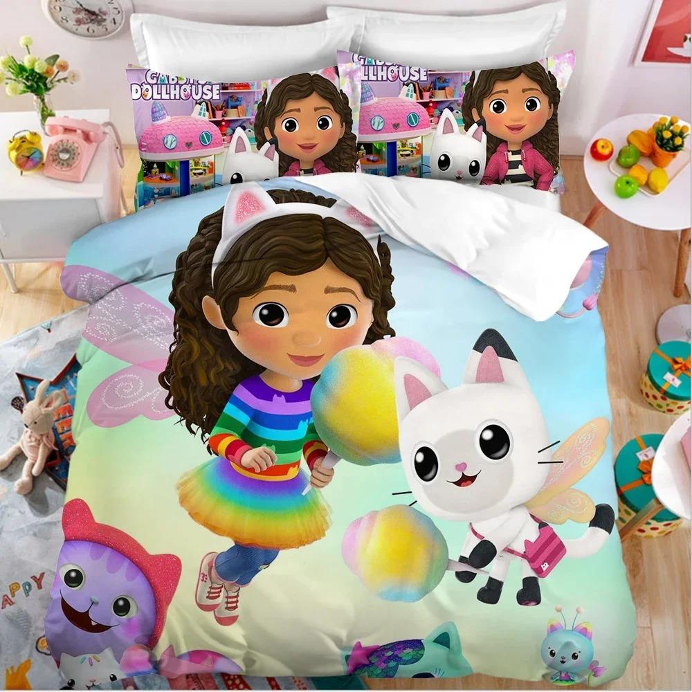 

Kawaii Gabby Dollhouses Bedding Set Soft Comforter Cover With 1/2pcs Pillow Shams For Kids Adults Microfiber Quilt Cover 135x200cm