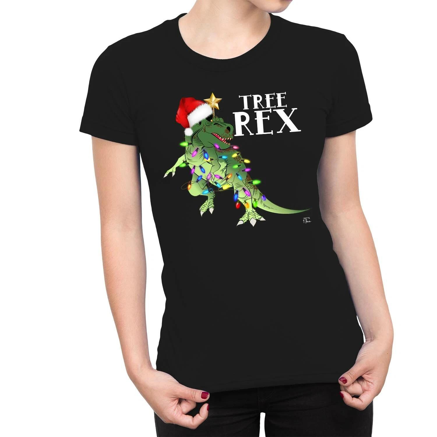 1Tee Womens Tree Rex - Dino Christmas Lights T-Shirt XXXXL