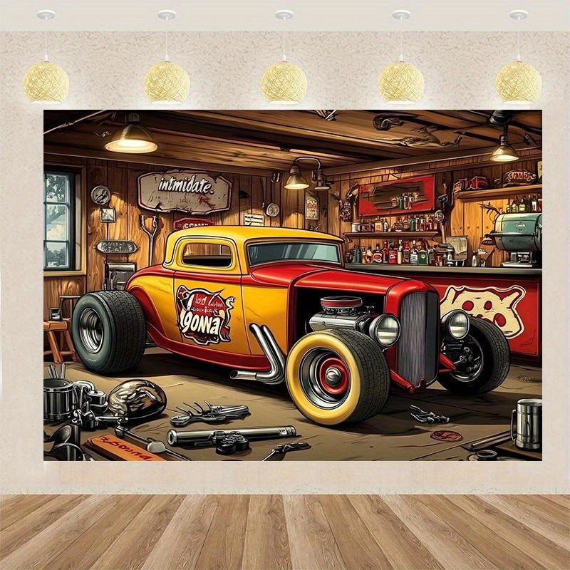 Stendardo 2D 1 pezzo tema garage retrò adatto per fotografia e decorazione festa - Hot rod rosso adatto per molte occasioni