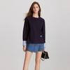 ELLE French Style Loose Round Neck Pullover Top Color Block Design Long Sleeve Sweatshirt Women tops Navy-Blue EW47015