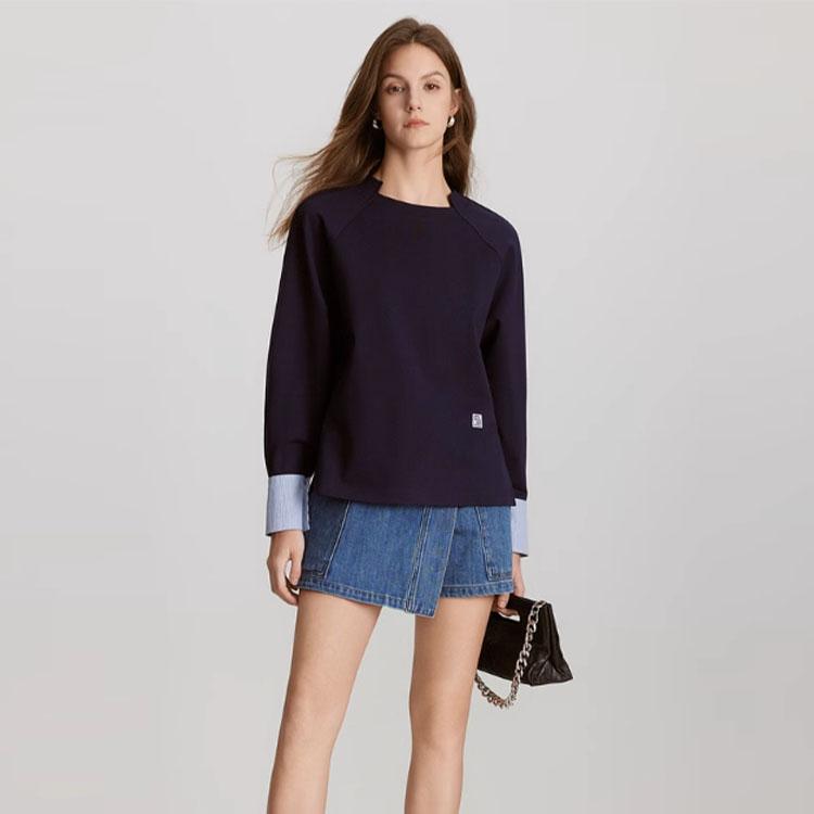 ELLE French Style Loose Round Neck Pullover Top Color Block Design Long Sleeve Sweatshirt Women tops Navy-Blue EW47015