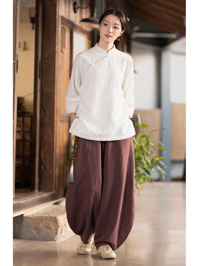 25 Autumn Retro Stand Collar Women's Cotton Linen Shirt with Frog Buttons - Zen Tea Ceremony Style