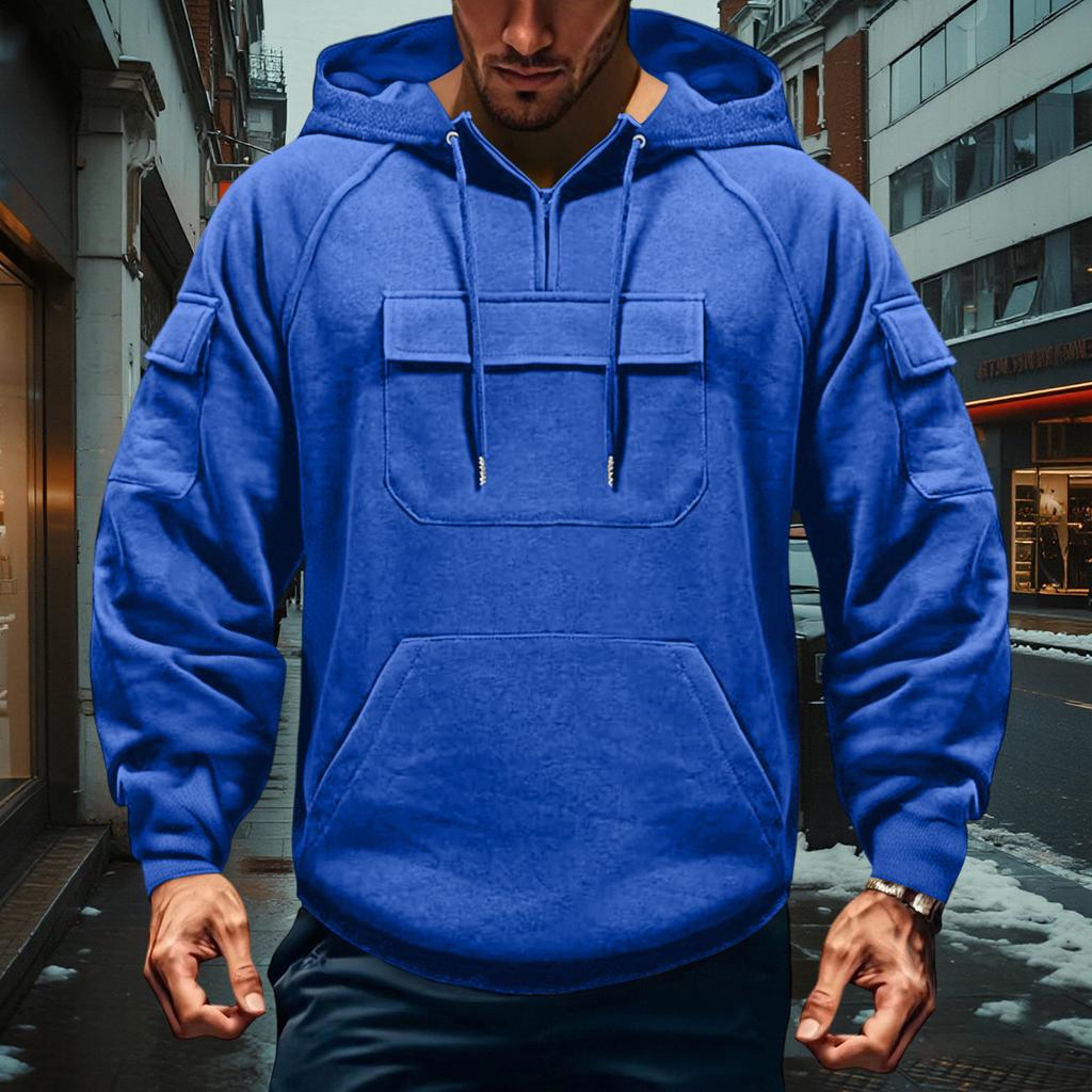 Men's Cargo Hoodie | Drawstring Multi-Pocket, Solid Color For Outdoor & Casual Wear