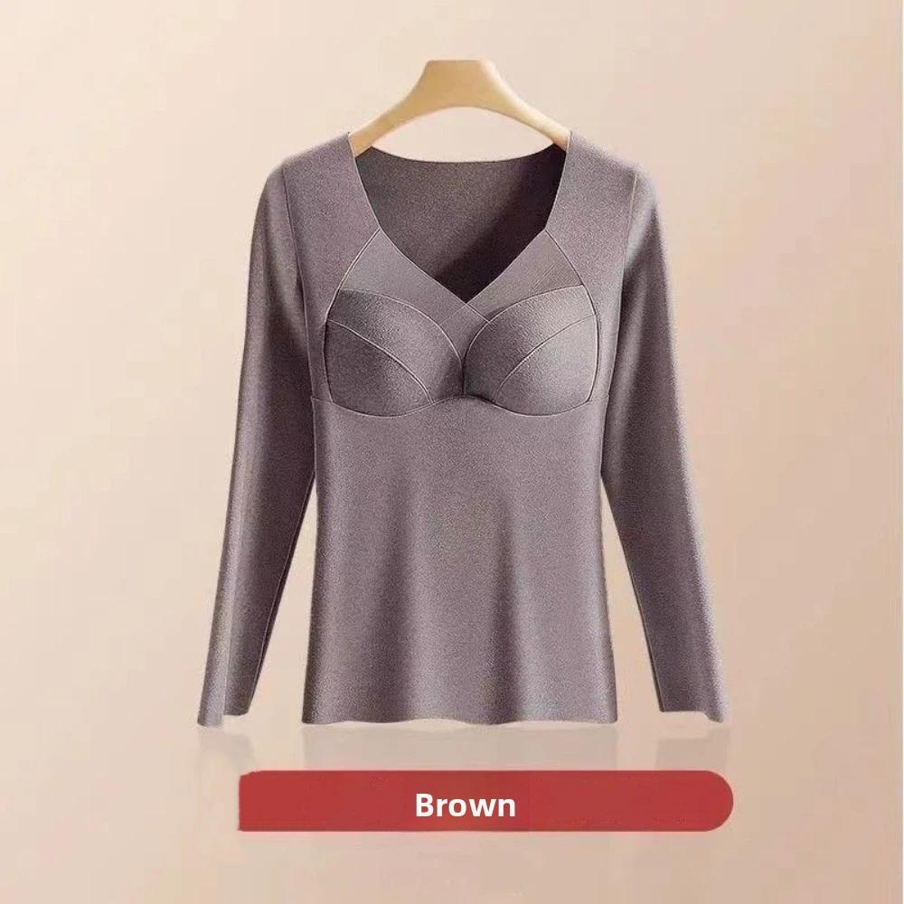 BEPAN V Mesh Neck Women Thermal Clothes Invisible Velvet Fleece Thermal Underwear Feel Heating Lingerie Warmth Long Tops Autumn Winter