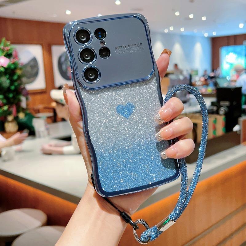 Electroplating wave large window is suitable for Samsung S25 mobile phone case GalaxyS24 love glitter lanyard protective case