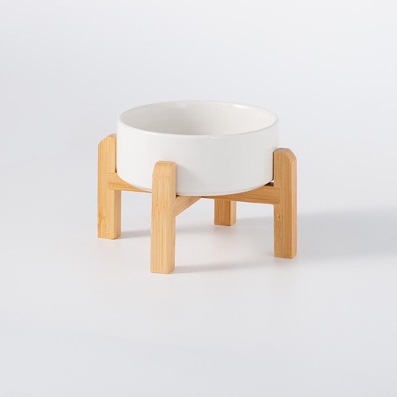 Ceramic Pet Food Bowl with Elevated Bamboo Stand - Anti-Tip Design for Dogs and Cats, Protects Cervical Spine
