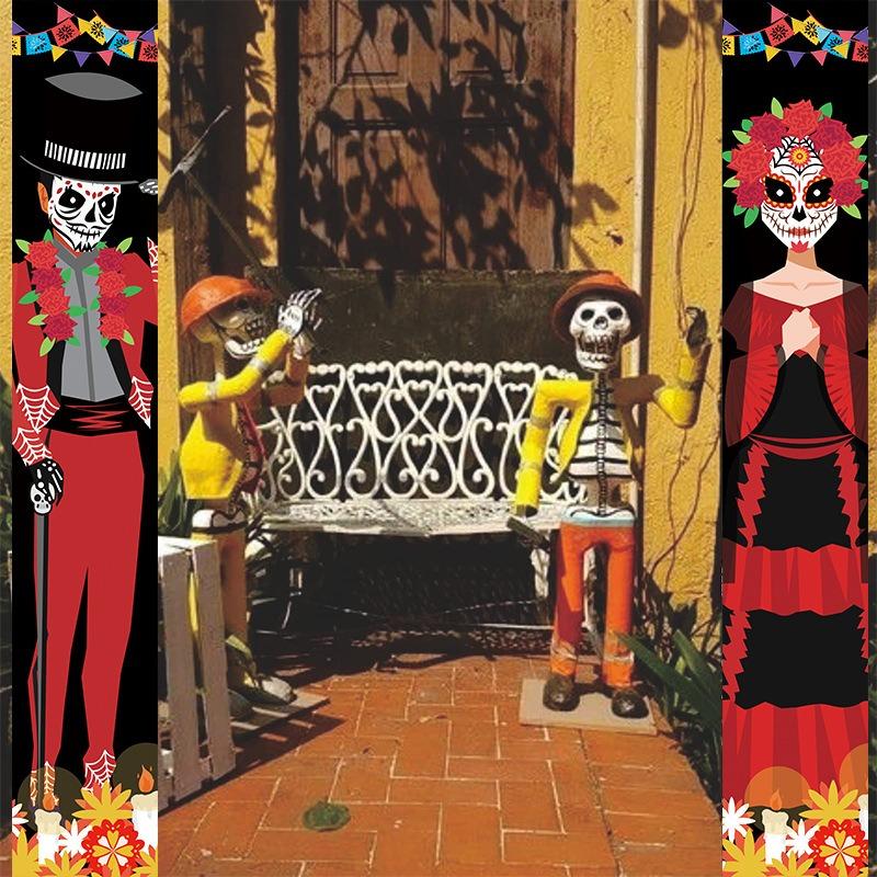 1 Pair Mexican Day of The Dead Decoration Outdoor Mexican Halloween Banner Porch Sign DIY Party Skull Welcome Hanging Door Decor