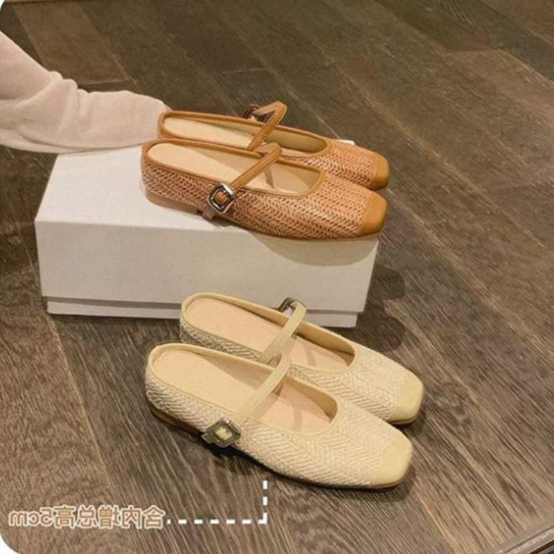 

Splicing design sense weaving retro inner height increase bag head half drag women s new empty single shoes 40 коричневий