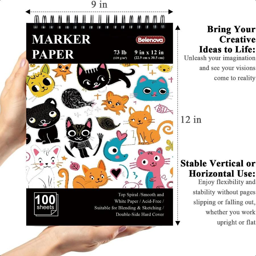 

Блокнот для маркеров Belenova 9 x 12, 100 листов, не протекающий скетчбук для спиртовых маркеров, 73 фунта 120 г/м², художественные листы для рисования, раскрашивания United States